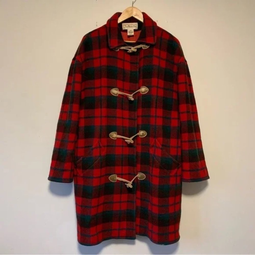 Rare Vintage Red Tartan Plaid Wool Toggle Duffle Coat by Talbot size 12